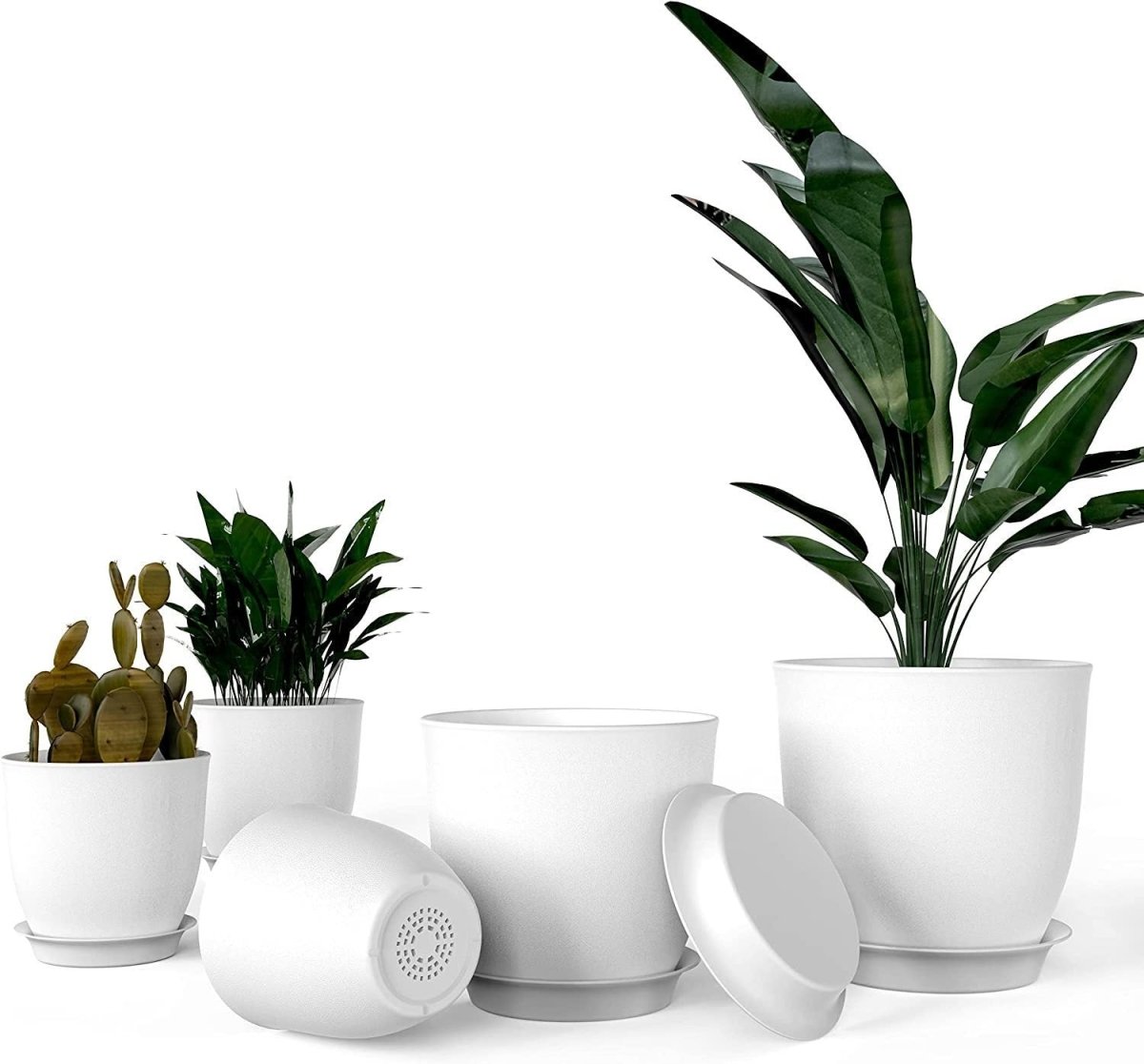 iPower Plastic Planter Pots 5 PCS Set 4.5-7.1 Inch Plant Pot Indoor Modern Decorative Nursery with Drainage Holes and Tray for All House Plants, Succulents, Flowers, Cactus or Seedling, White - SunSwill